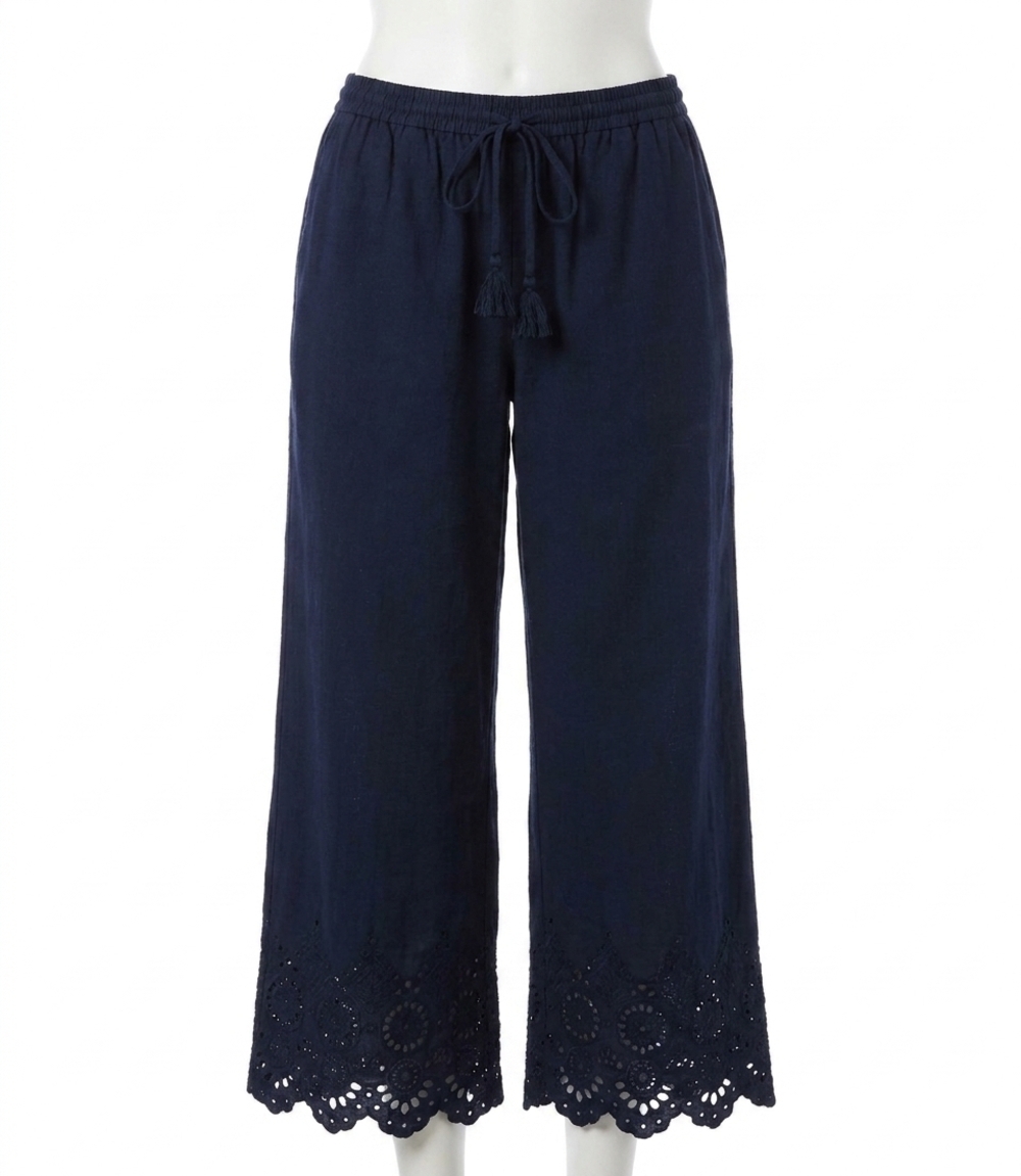 NEW KAREN KANE embroidered scallop edge cropped pants in navy
